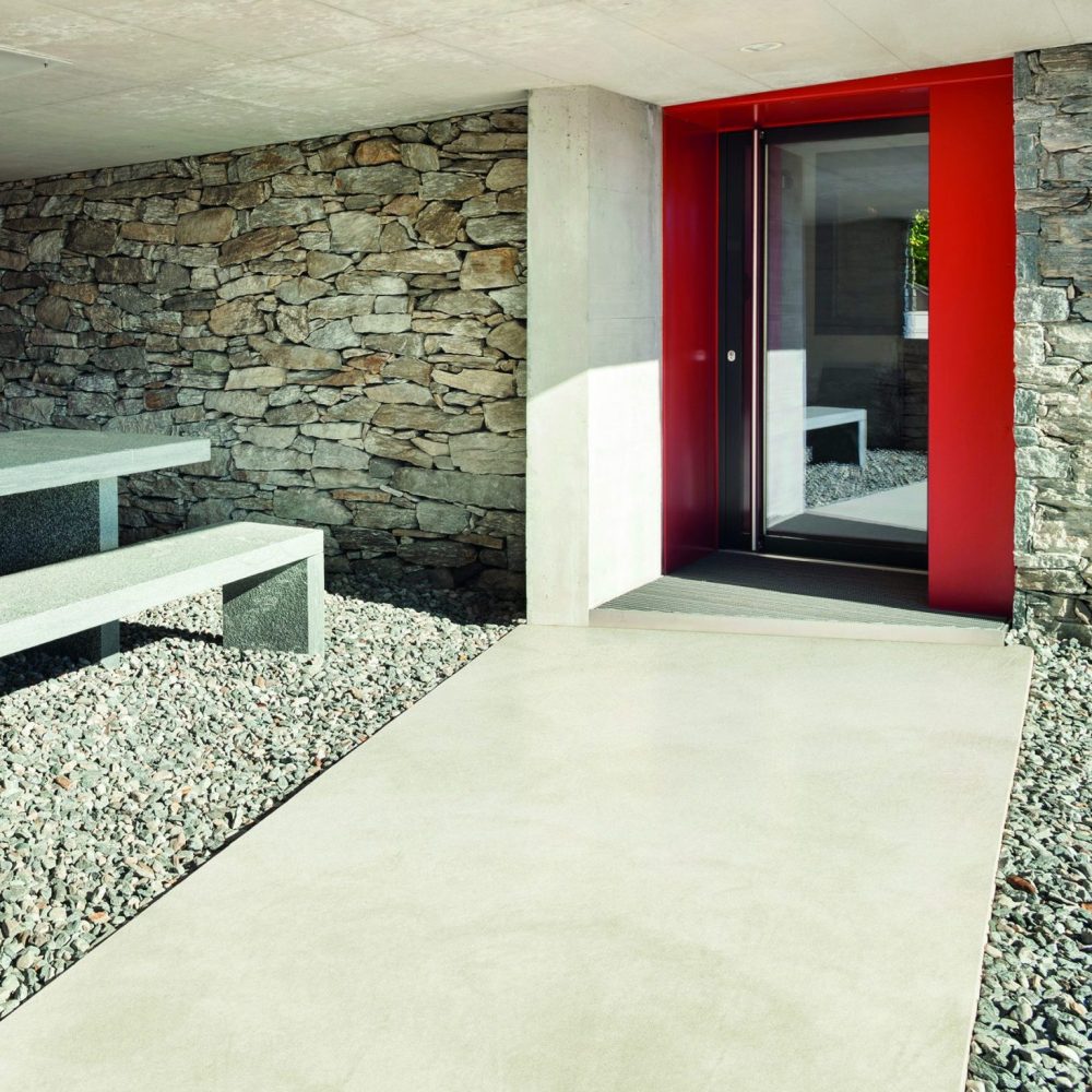 Modern villa, porch with table and bench stone, outdoor